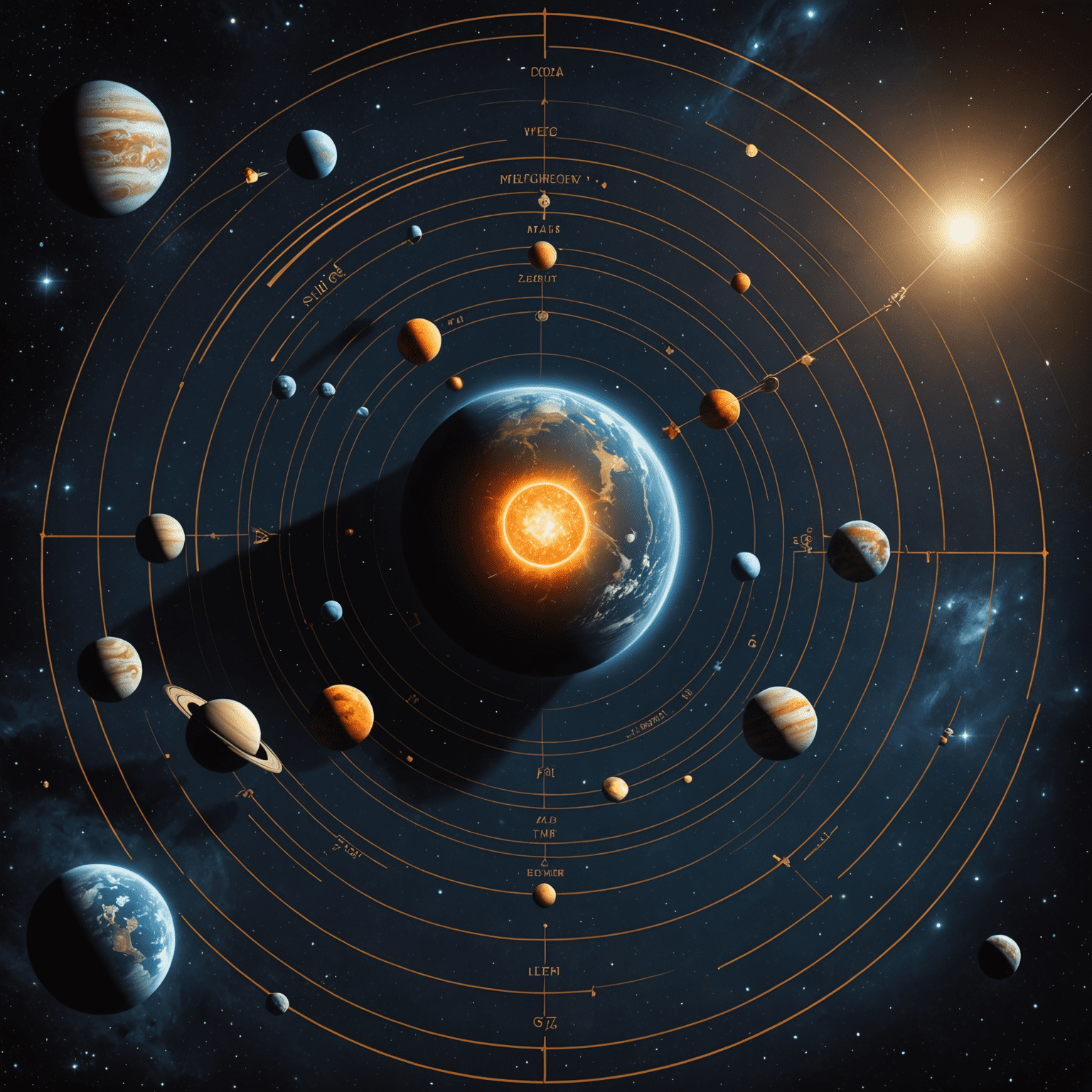 Merkür retrosu etkisinde farklı burç sembolleri ve gezegenler arasında karmaşık yörüngeler gösteren uzay sahnesi