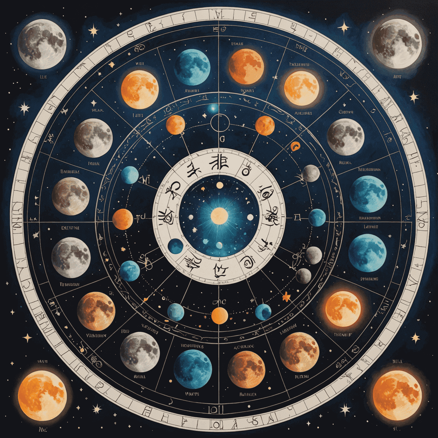 Ay'ın farklı evrelerini ve burç sembollerini gösteren, duygusal enerjileri temsil eden renkli bir görsel